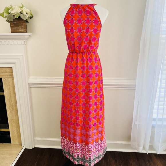 BANANA REPUBLIC Long Hot Pink & Orange Geometric Boho Maxi Dress ~ Size 2 - Picture 7 of 8